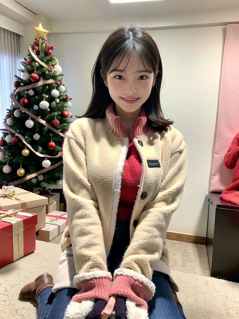 (A photo of a super cute Korean schoolgirl wearing a fleece jacket holding a big gift box:1.2)(grin,smile:1.1)(Beautiful Sweat:1.1)(16K, RAW Photos, Highest quality, masterpiece: 1.2),(Cute hairstyle with shiny black hair) Super detailed, Super Resolution, (Genuine, Genuine photos: 1.37), Portraiture, High-resolution RAW color photos, Professional photos, Very detailed, 8k wallpaper, Very detailed CG Unity 8k wallpaper, Very detailed beautiful girls, Very detailed faces, ((whole body)), beautiful woman, Huge breasts,(huge boobs:1.1) (Big Boobs:1.1), beautiful (Wearing a fleece jacket),high school girl, Korean Girls,(K-POP Female Idols), (Idol-class beauty)(Beautiful high school girl:1.1)(A warm room with a Christmas tree)()(Tight fleece jacket:1.1)Wearing a fluffy scarf and hand-knitted gloves(Christmas gift box)Wear warm gloves,Sheepskin boots