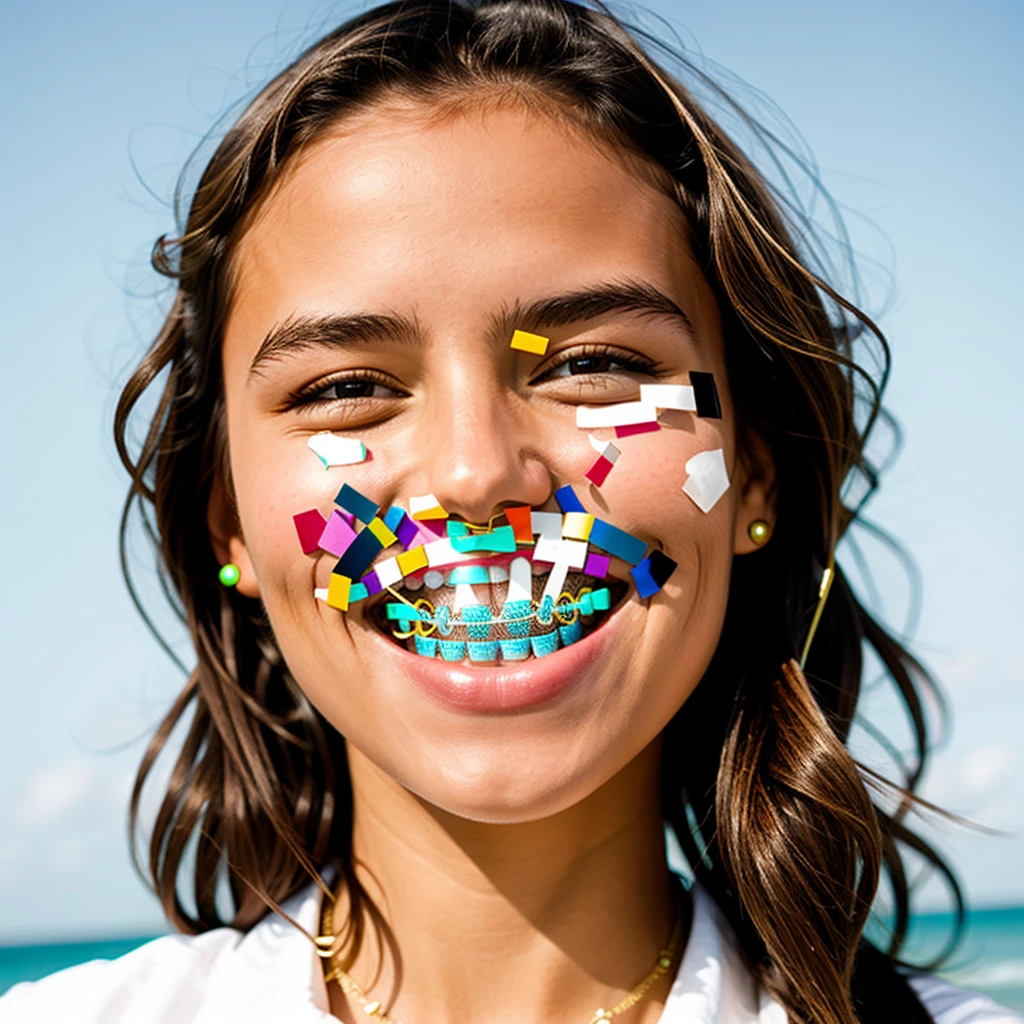 girl smiling, showing metallic orthodontic braces on teeth with elastics