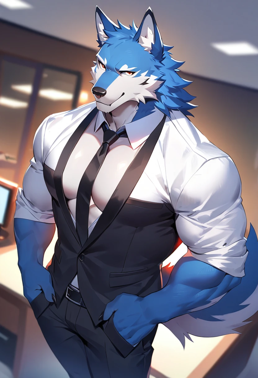 fenrir, wolf, 1boys, male, solo, dark blue fur, muscular, big tits, pecs, cool face, office attire, black tie, standing, front angle, office background
