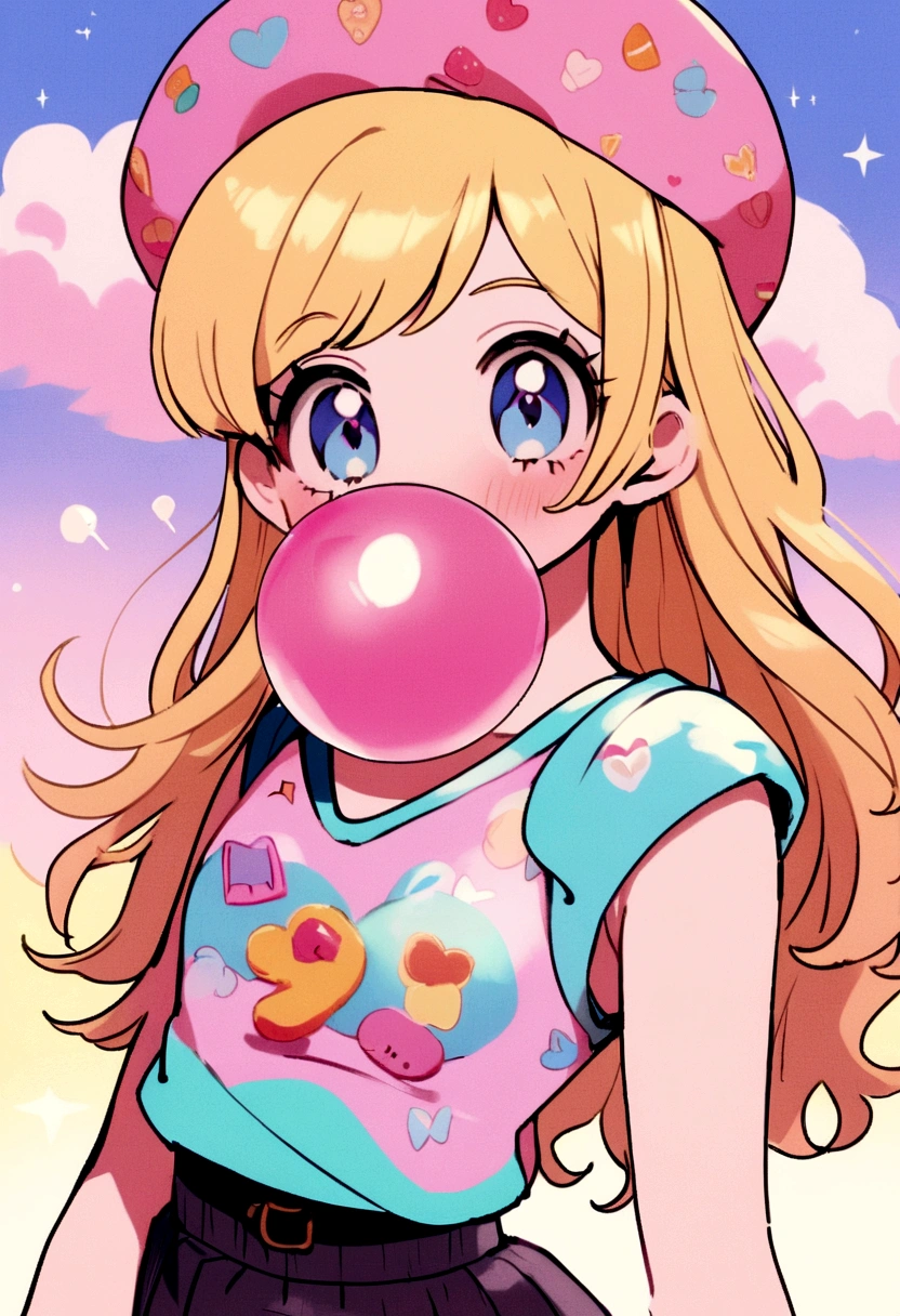 Blonde girl in pink hat holding shopping bags outdoors,, Candy Girl, Printed white vest, Bubble Gum Body, 90 年代style, 90s atmosphere, 🎀 🧟 🍓 🧚, Petra Collins (Petra Collins) style, 90s aesthetic, 90s aesthetic, soda themed girl, Wearing a cute top, y 2 k aesthetic