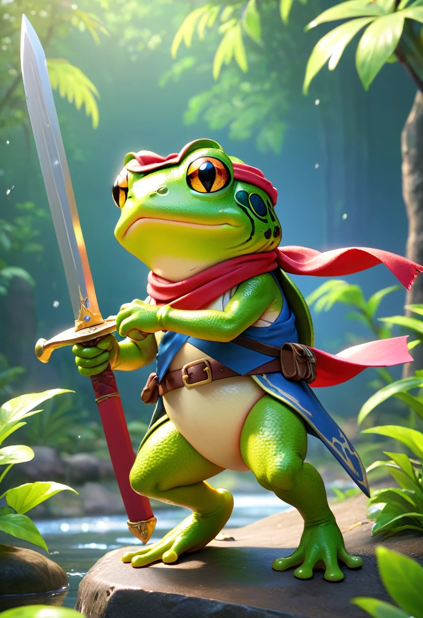 Esbian all over、Cool Frog、Pop Frog、Diorama、Simple Background、bandana、Holding a big sword in his hand、Brave、Best Quality, Capture the cutest moments, Depth of written boundary, Super detailed, Ultra-high resolution, Octadale, 8k, 16km race