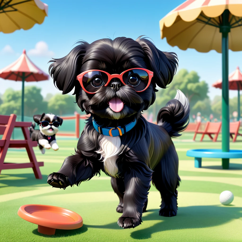 2 Adorable small black Shih Tzu puppies wearing sunglasses playing frisbee at dog park Disney background 3d cartoon 3d render disney pixar style