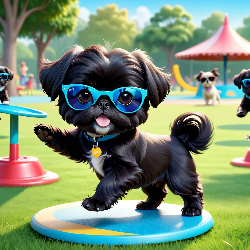 2 Adorable small black Shih Tzu puppies wearing sunglasses playing frisbee at dog park Disney background 3d cartoon 3d render disney pixar style