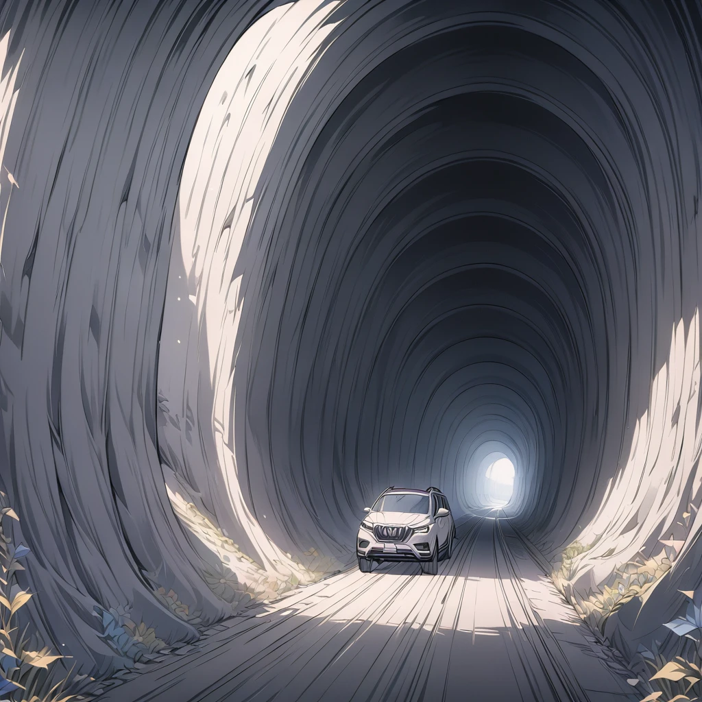 masterpiece, best quality, color, line drawing, dark tunnel, SUV parked on road, creepy place, digital illustration style, stunning art style, stylized digital illustration, detailed digital illustration, digital cartoon painting art,