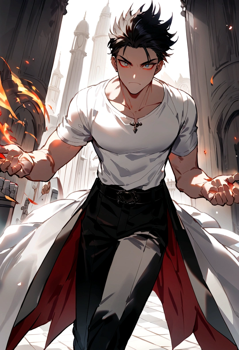 During the day,21 year old handsome man,White T-shirt,Black long pants,Sharp Face,look at me,