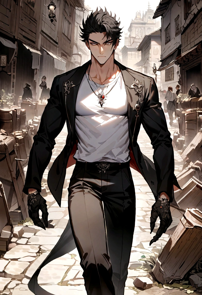 During the day，21 year old handsome man，White T-shirt，Black long pants，Sharp Face，look at me，