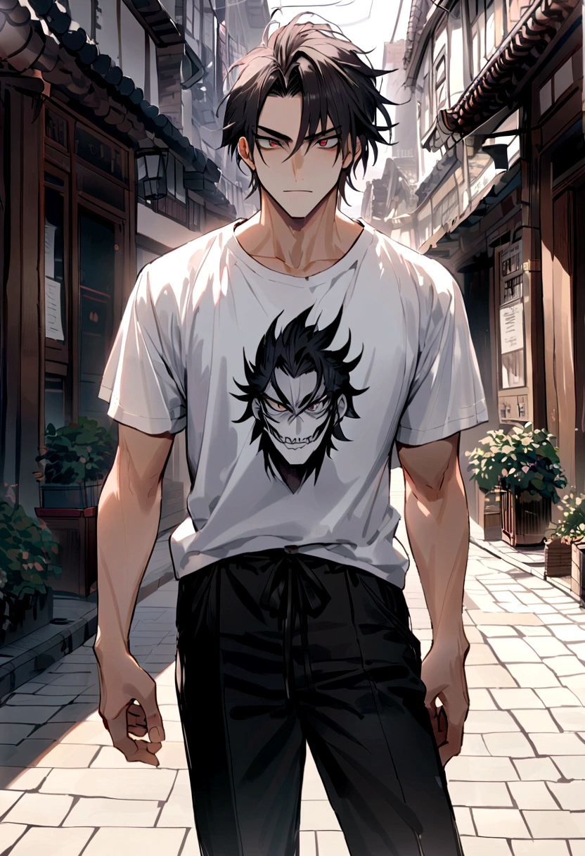 During the day,21 year old handsome man,White T-shirt,Black long pants,Sharp Face,look at me,
