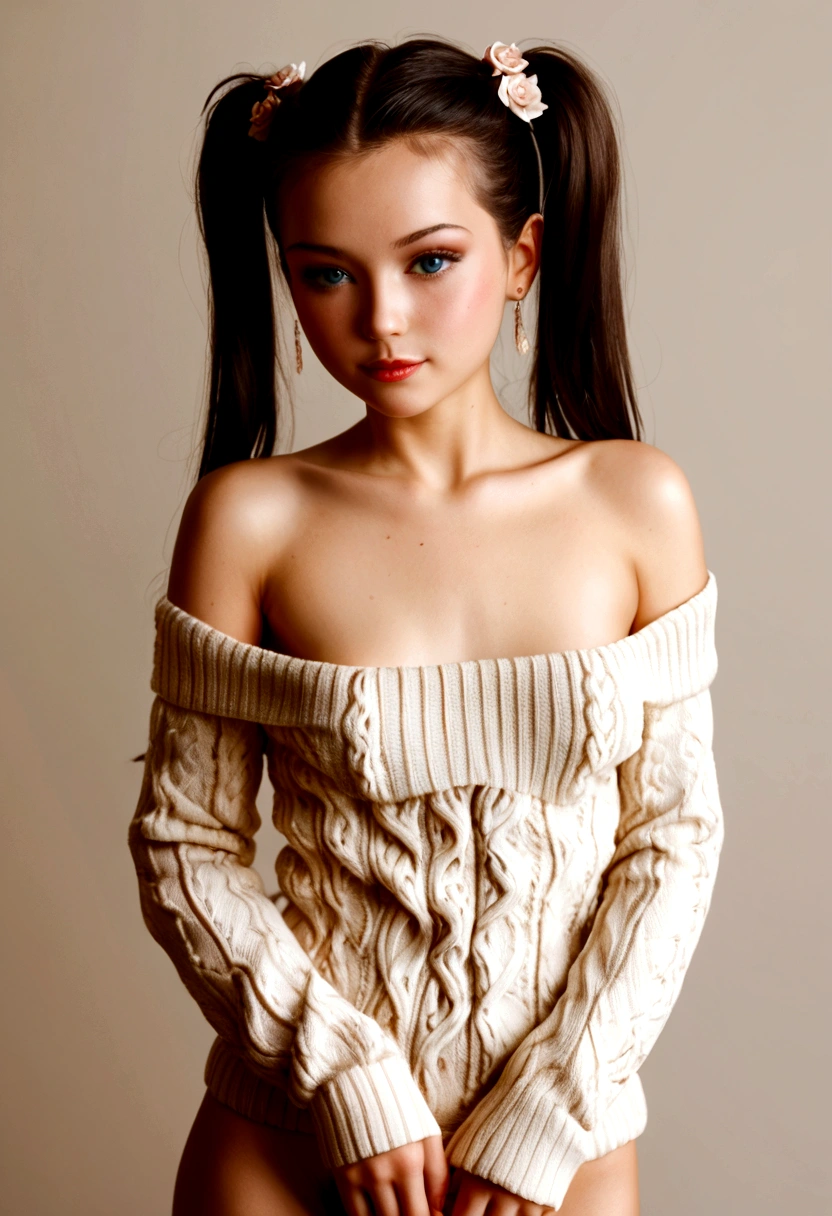 Twin Tails,Beautiful sexy woman(Wear an off-shoulder sweater),,(Smooth skin),E7E48U,Small Breasts,pubic hair