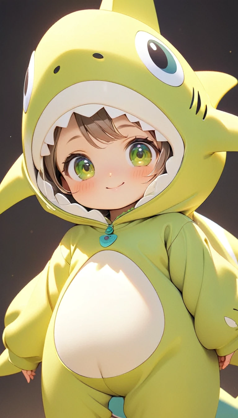 A cute , Wearing a cute yellow and green shark costume, Tilt your head and look at people with a smile.Close-up of character( Perfect anatomical structure )The whole body is perfectly presented and beautiful and the texture is extremely delicate，detailed, bright, Animation style high definition and high quality presentation