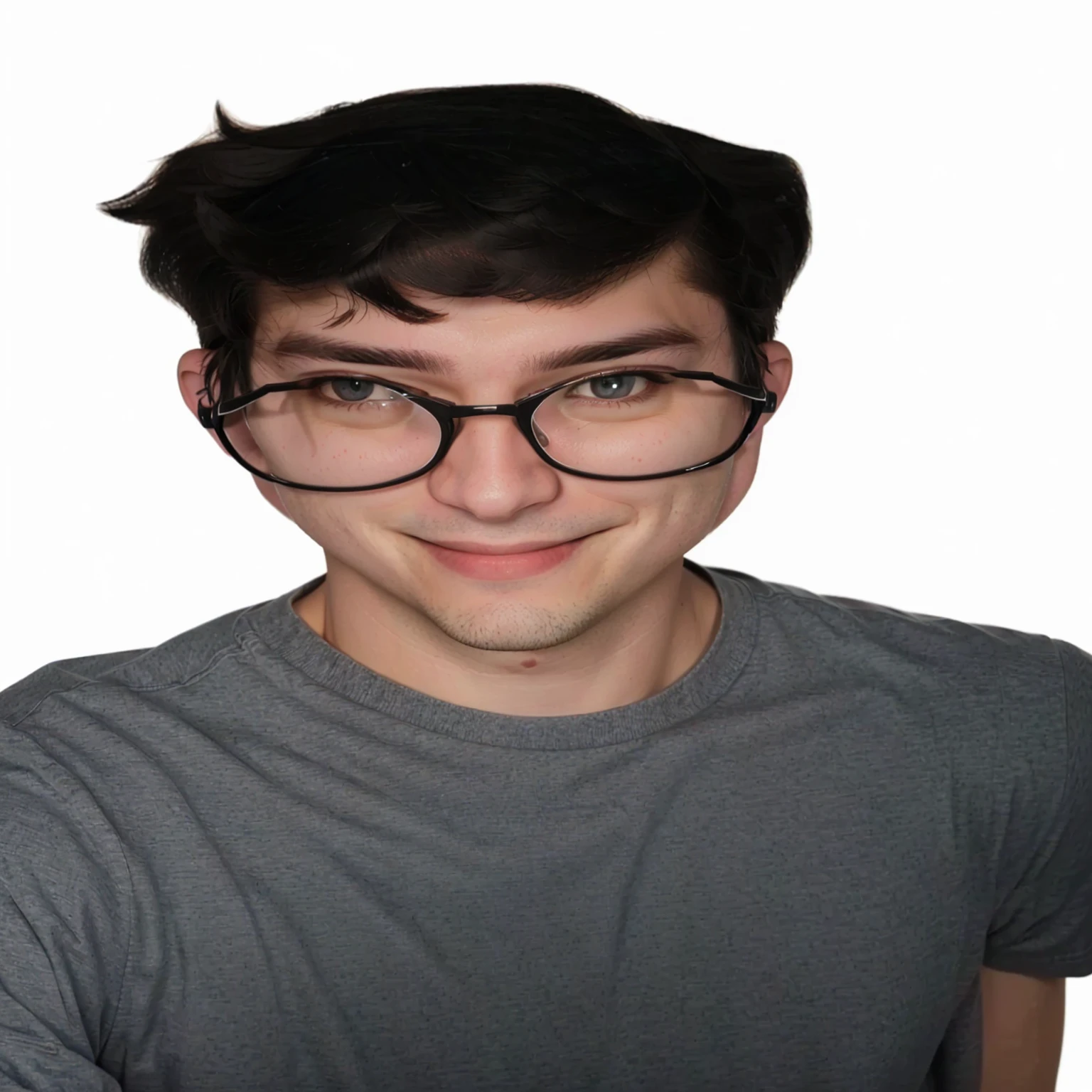 arafed man with glasses and a gray shirt is making a face, halfbody headshot, twitch streamer / gamer ludwig, taken in the early 2020s, slight nerdy smile, headshot profile picture, around 1 9 years old, very very low quality picture, very high quality face, discord profile picture, cute slightly nerdy smile