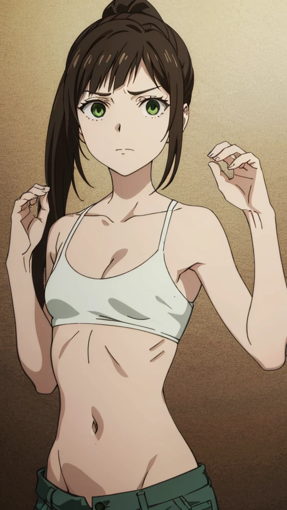 masterpiece, highres, solo, 8k, detailed, perfect face, best quality, (ultra high quality), looking viewers, (armpit), collarbone, bare arm, medium breasts, cleavage, dark brown hair, bangs, ponytail hair, green eyes, belly, stomach, navel, crop tanktop, slim body, upper body, emotionless, flat face, at forest, hands up