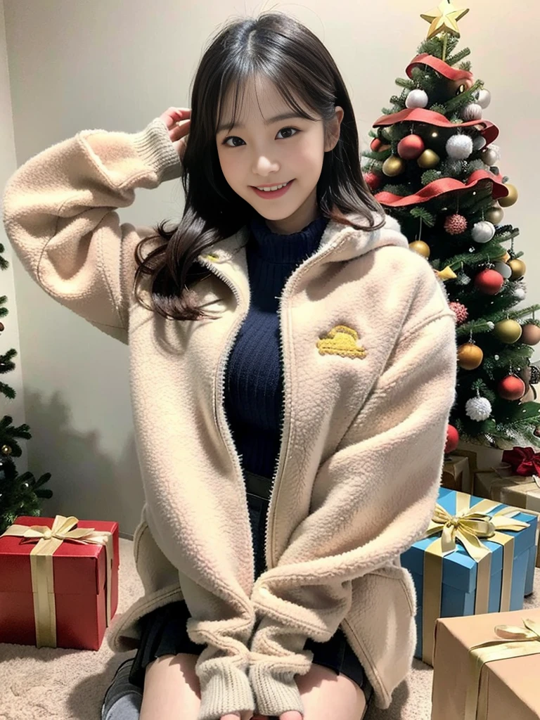 (A photo of a super cute Korean schoolgirl wearing a fleece jacket holding a big gift box:1.2)(grin,smile:1.1)(Beautiful Sweat:1.1)(16K, RAW Photos, Highest quality, masterpiece: 1.2),(Cute hairstyle with shiny black hair) Super detailed, Super Resolution, (Genuine, Genuine photos: 1.37), Portraiture, High-resolution RAW color photos, Professional photos, Very detailed, 8k wallpaper, Very detailed CG Unity 8k wallpaper, Very detailed beautiful girls, Very detailed faces, ((whole body)), beautiful woman, Huge breasts,(huge boobs:1.1) (Big Boobs:1.1), beautiful (Wearing a fleece jacket),high school girl, Korean Girls,(K-POP Female Idols), (Idol-class beauty)(Beautiful high school girl:1.1)(A warm room with a Christmas tree)(17 years old)(Tight fleece jacket:1.1)Wearing a fluffy scarf and hand-knitted gloves(Christmas gift box)Wear warm gloves,Sheepskin boots