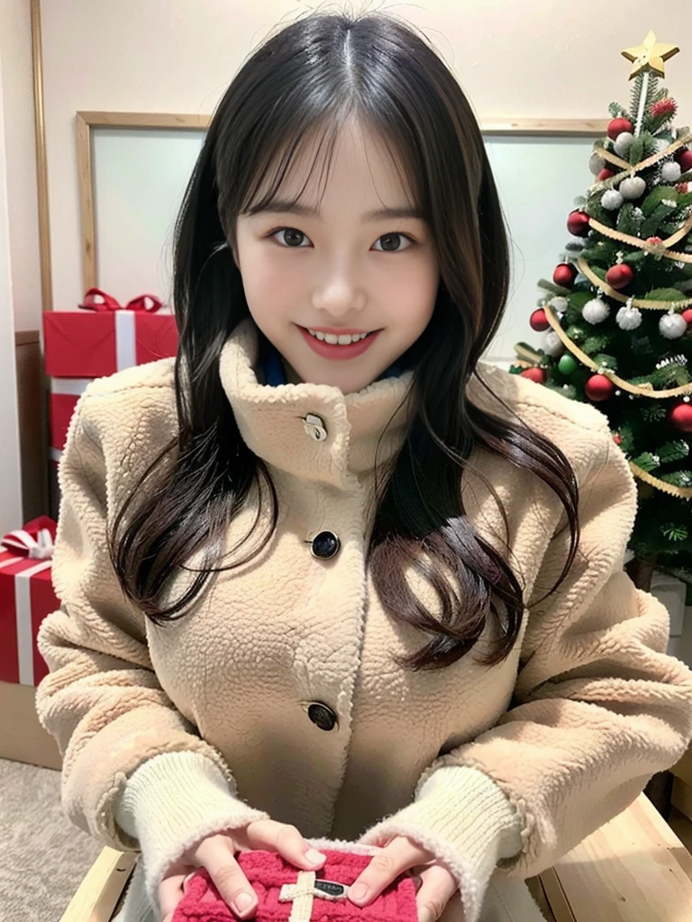 (A photo of a super cute Korean schoolgirl wearing a fleece jacket holding a big gift box:1.2)(grin,smile:1.1)(Beautiful Sweat:1.1)(16K, RAW Photos, Highest quality, masterpiece: 1.2),(Cute hairstyle with shiny black hair) Super detailed, Super Resolution, (Genuine, Genuine photos: 1.37), Portraiture, High-resolution RAW color photos, Professional photos, Very detailed, 8k wallpaper, Very detailed CG Unity 8k wallpaper, Very detailed beautiful girls, Very detailed faces, ((whole body)), beautiful woman, Huge breasts,(huge boobs:1.1) (Big Boobs:1.1), beautiful (Wearing a fleece jacket),high school girl, Korean Girls,(K-POP Female Idols), (Idol-class beauty)(Beautiful high school girl:1.1)(A warm room with a Christmas tree)()(Tight fleece jacket:1.1)Wearing a fluffy scarf and hand-knitted gloves(Christmas gift box)Wear warm gloves,Sheepskin boots