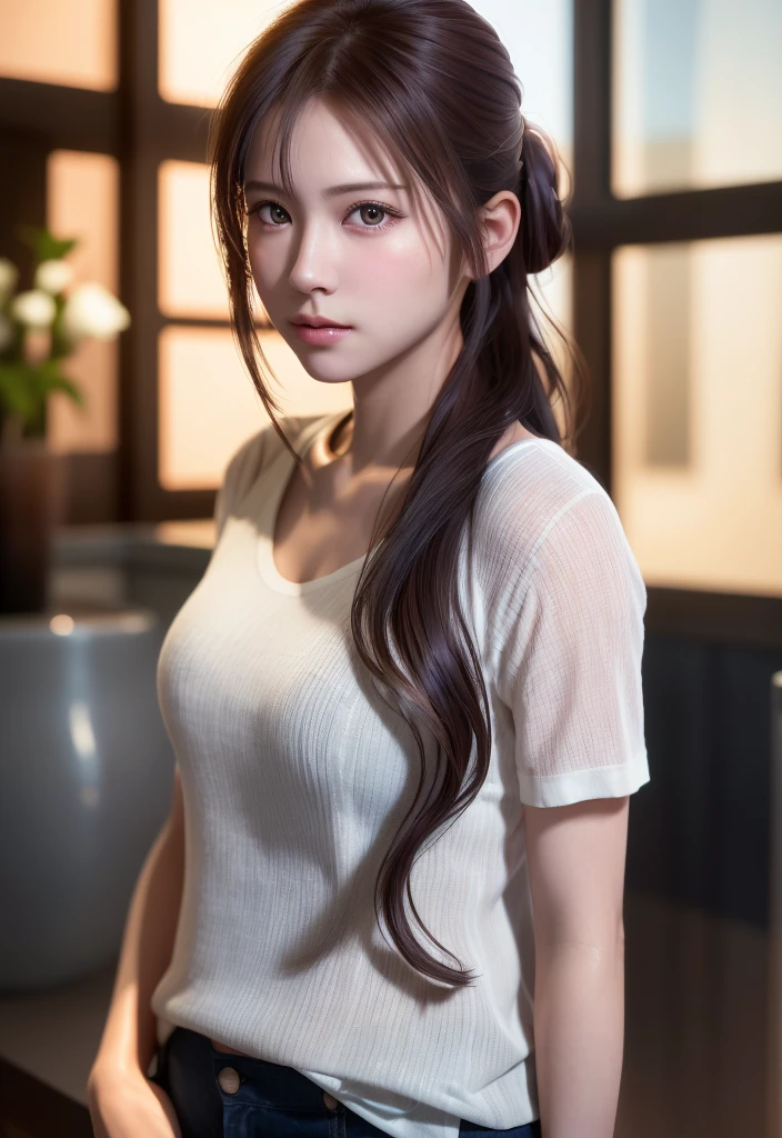 8K, of the highest quality, masutepiece:1.2), (Realistic, Photorealsitic:1.37), of the highest quality, masutepiece, Beautiful young woman, Pensive expression, Sweet look, Sexy white shirt、Hair tied back, Messy mood, Cinematic background, Tired, Light skin tone