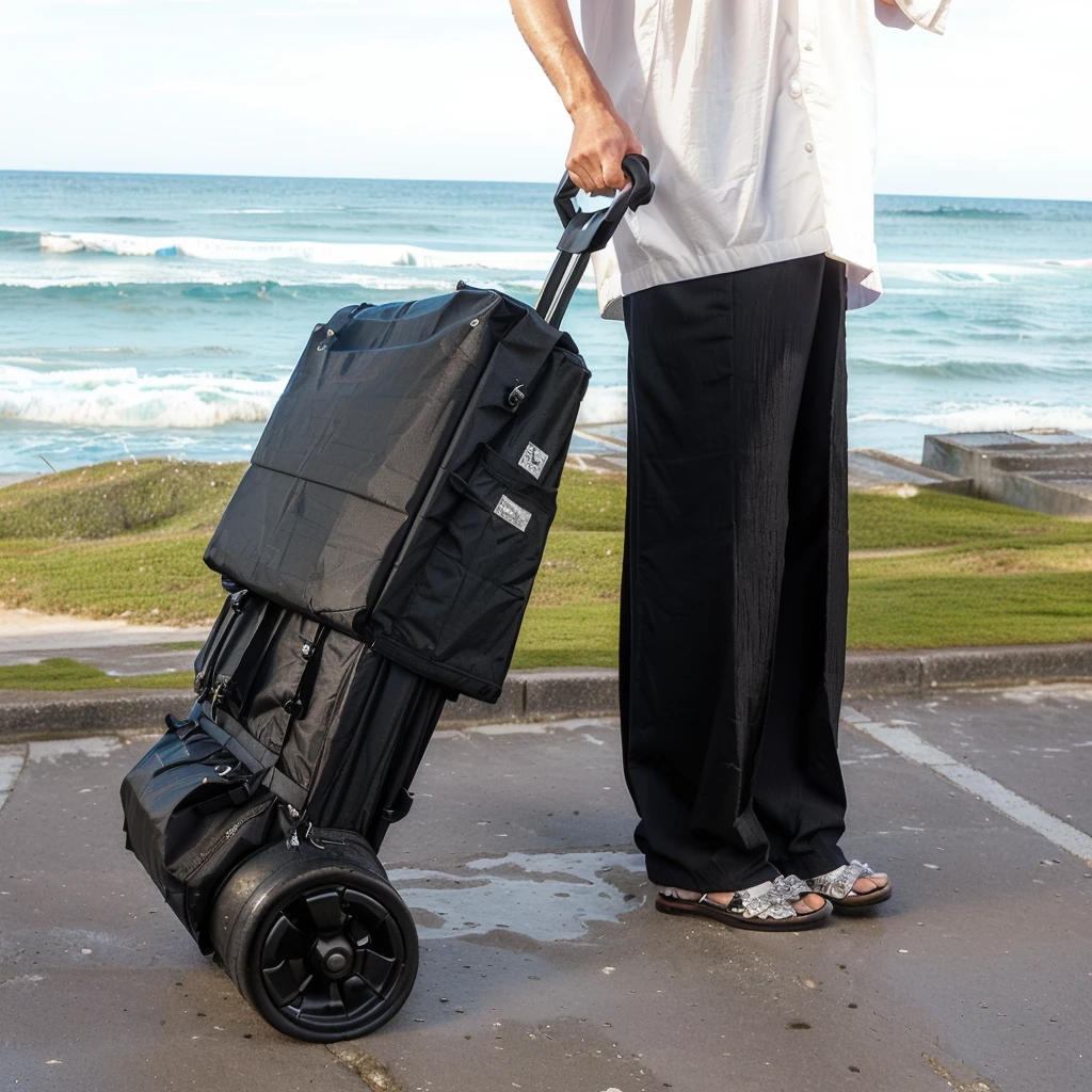 Someone was pushing a cart with a black bag on it., Powerful details, Close to the sea, Super detailed, Extremely detailed, Extremely detailed, in a seaside environment, seaside, Standing near the beach, Wide and high angle views, Ultra Detailed, Extremely detailed, Surrealism, Highly stylized, Easy to understand, Beach environment,unbelievably realistic