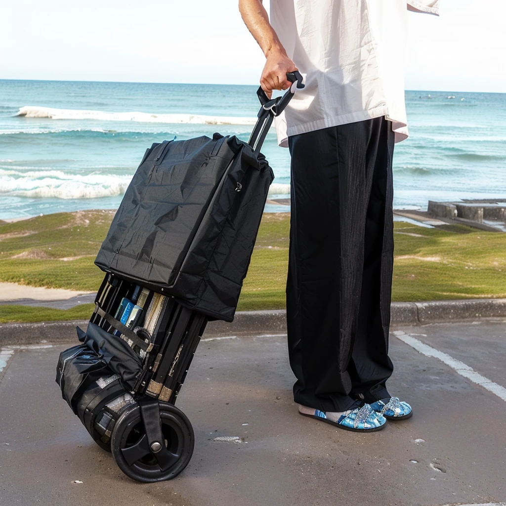 Someone was pushing a cart with a black bag on it., Powerful details, Close to the sea, Super detailed, Extremely detailed, Extremely detailed, in a seaside environment, seaside, Standing near the beach, Wide and high angle views, Ultra Detailed, Extremely detailed, Surrealism, Highly stylized, Easy to understand, Beach environment,unbelievably realistic