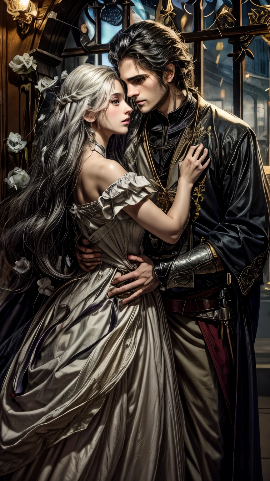 A picture ua couple together, a young man of apparent 17 years, has semi - long wavy black hair, his eyes are light blue, slightly tanned skin, his face is very similar to Jake Gyllenhaal, his clothes are those of a medieval Saracen warrior of black color, next to a young woman of apparent 18 years, her hair is long wavy grayish white, her eyes are violet, and her skin is pale, similar in face to Ana de Arma, slender with clothes of a Medieval Saracen Princess, with red clothes, both and in the background a citadel, illuminated by the lights of the same in a starry night scene