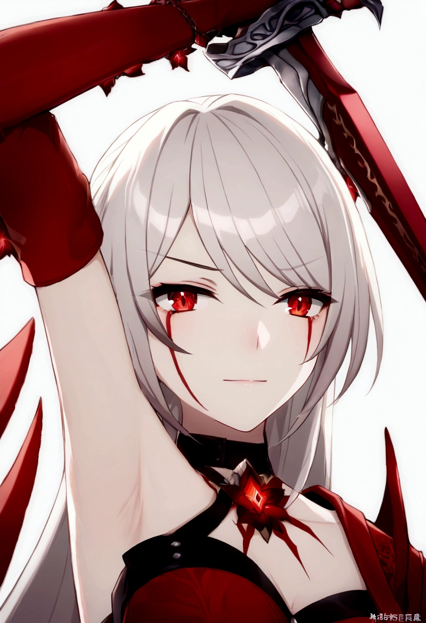 woman with white hair with red streaks, a neutral facial expression, detailed red eyes, holding a large red sword
