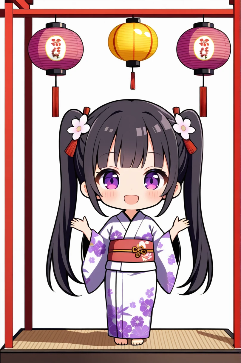 One girl, alone, (chibi 2), Long Hair,Black Hair, ,Purple eyes,smile,happiness, Shine, yukata,Summer festival, Twin tails,Simple white background,whole body,