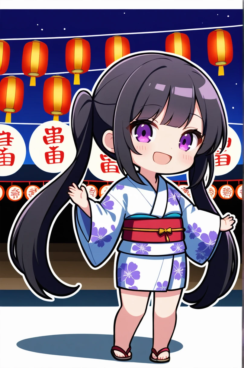 One girl, alone, (chibi 2), Long Hair,Black Hair, ,Purple eyes,smile,happiness, Shine, yukata,Summer festival, Twin tails,Simple white background,whole body,