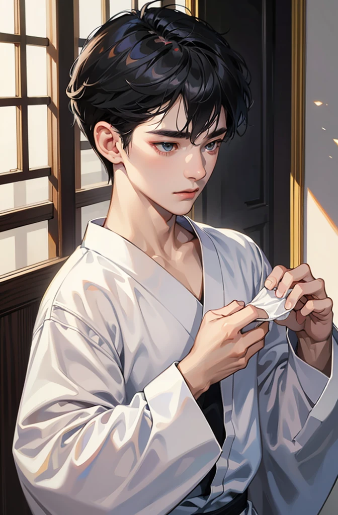 18-year-old boy, Upper body naked, White underwear ,Smooth skin Japanese style room, Black Hair, Thin、Beautiful Boy、Japanese、Dark Eyes、whole body