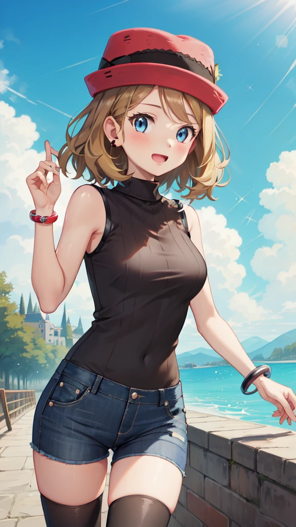 gonzarez, masterpiece, Serenaj, 1girl, grey headwear, solo, jewelry, thighhighs, bra , jeans, smile, sweater vest, blonde hair, , blue eyes, sleeveless, open mouth, eyelashes, vest, blush, bangs, breasts, medium hair, bracelet, looking at viewer, outdoors, black thighhighs, brown thighhighs, sky, day, sparkle, light, black jeans , brown vest, park , cowboy shot,  
