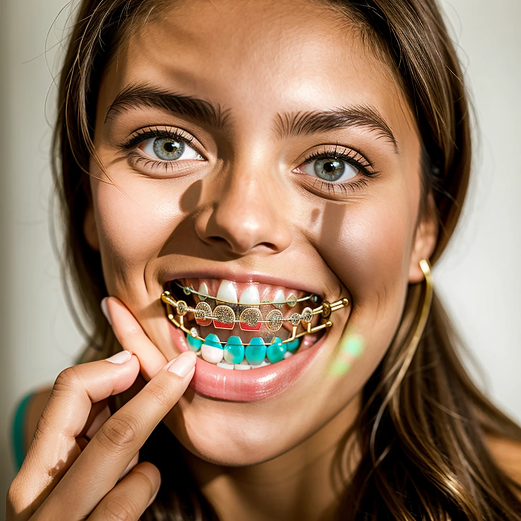girl showing metallic orthodontic braces on teeth