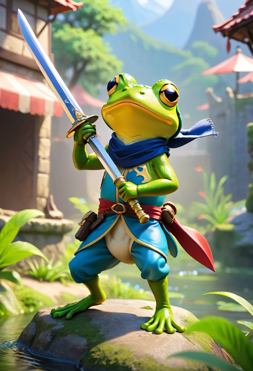 Esbian all over、Cool Frog、Pop Frog、Diorama、Simple Background、bandana、Holding a big sword in his hand、Brave、Best Quality, Capture the cutest moments, Depth of written boundary, Super detailed, Ultra-high resolution, Octadale, 8k, 16km race