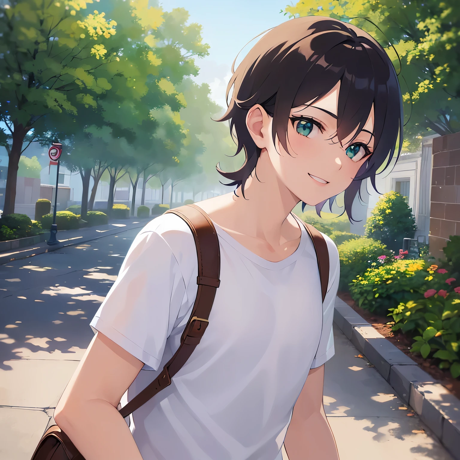 side angle,(looking away:1.5)Shiny skin,masterpiece,Highest quality,BREAK(A man of 26:1.5)and(Brown short hair)and(Green Eyes)BREAK,(White T-shirt:1.5),(smile:1.3),A park with a grassy area in the background,(alone:1.