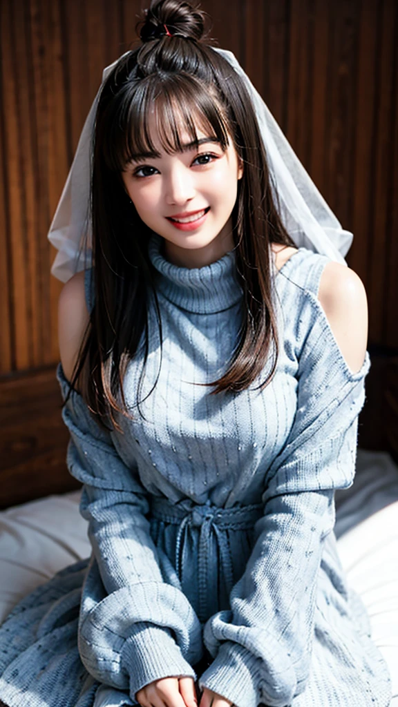 Highest quality,8K,High resolution、Mystical Eyes、Fair skin、Very sexy、goddess、Large Breasts、Blur the background、smile、laughing、Provocative face、alone、Shiny Hair、Super super long hair、I have a protruding belly、Plump、Voluptuous、Indian、Pompadour、Off-the-shoulder sweater、White off-the-shoulder knit、Has bangs、Bangs fall on the forehead、