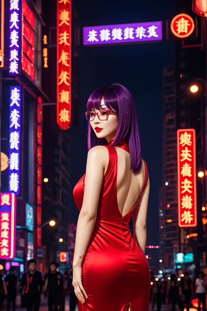 Chinese Idol　Purple hair with bangs　Rimless glasses　Turn around with your back　Bright red rouge lips　Big Breasts　China dress　cyberpunk building city