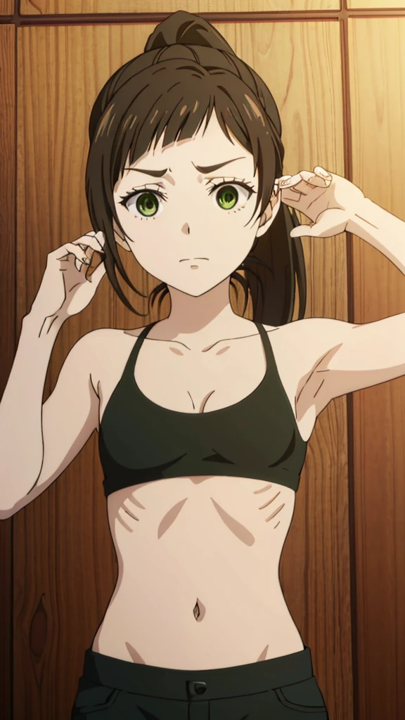 masterpiece, highres, solo, 8k, detailed, perfect face, best quality, (ultra high quality), looking viewers, (armpit), collarbone, bare arm, medium breasts, cleavage, dark brown hair, bangs, ponytail hair, green eyes, belly, stomach, navel, crop tanktop, slim body, upper body, emotionless, flat face, at forest, hands up