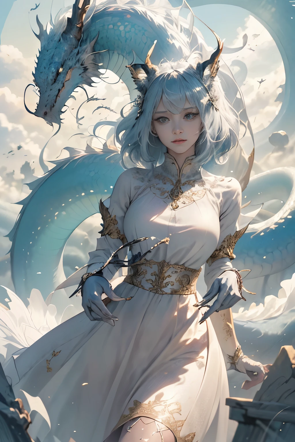 (Masterpiece, Top Quality, Best Quality, Official Art, Beautiful and Aesthetic: 1.2), (Silver female wyrm), Ultra-detailed, Shimmering silver scales, Wings spread wide,Glowing golden eyes, Soaring in the night sky, Full moon in the background, Cinematic lighting, God light, Ray tracing, Neo-classical style, Chiaroscuro, Atmospheric perspective, High resolution, 8k, Super detail, Realistic texture, Superb quality, Award-winning, Stunning, Magnificent, Mythical creature, Majestic, Graceful, Enchanting, Ethereal beauty.

The silver female wy