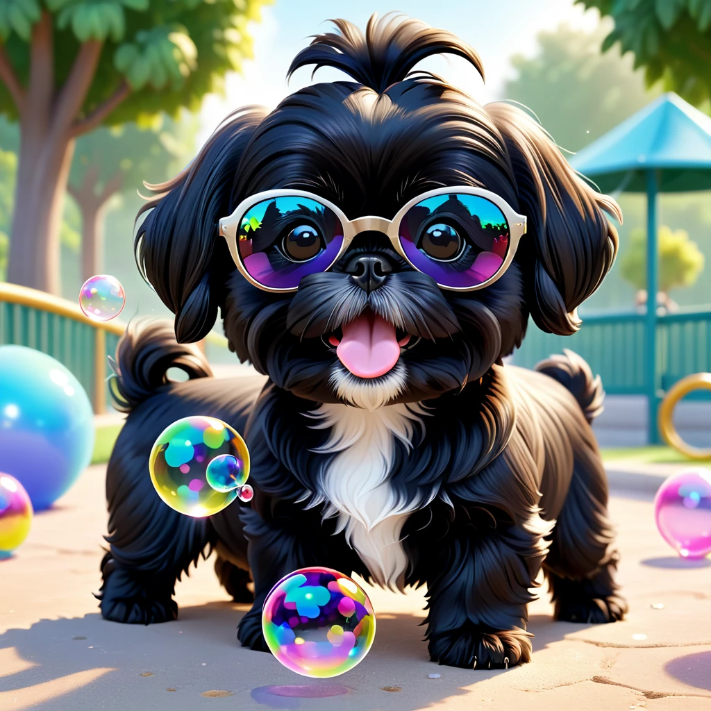 2 Adorable small black Shih Tzu puppies wearing sunglasses blowing bubbles at dog park Disney background 3d cartoon 3d render disney pixar style