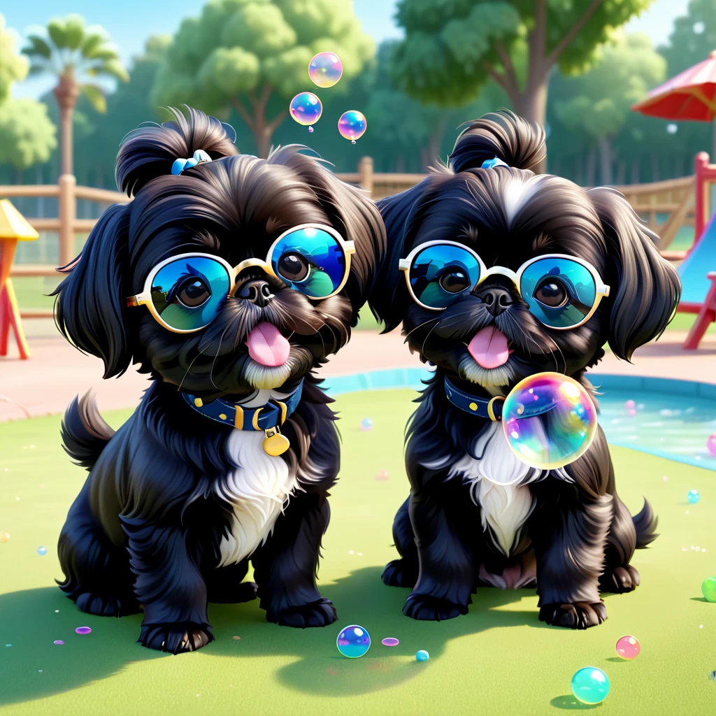 2 Adorable small black Shih Tzu puppies wearing sunglasses blowing bubbles at dog park Disney background 3d cartoon 3d render disney pixar style