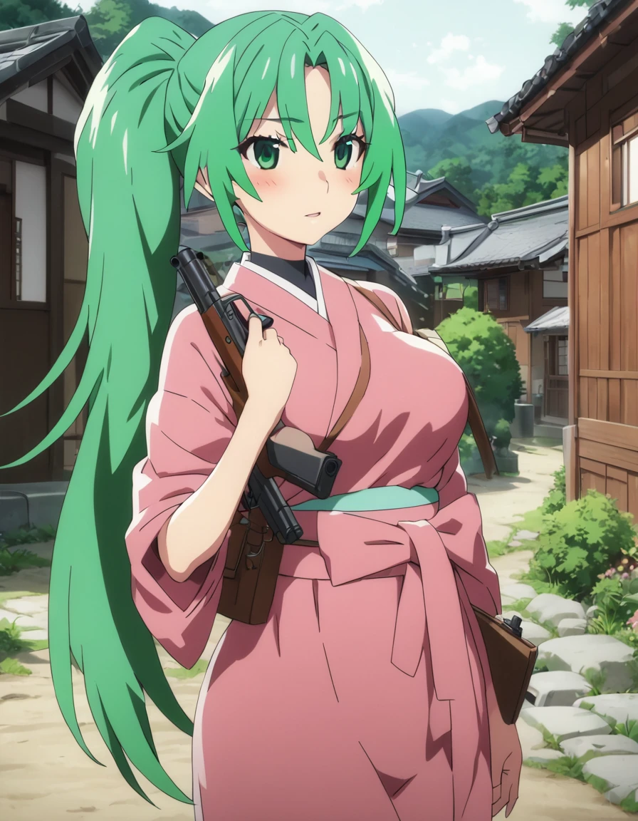 Mion sonozaki, green hair, long ponytail, green eyes, kimono, large breasts, pistol, japanese house, outdoors, masterpiece, best quality, ultra detailed, highres,4k,(ultra-detailed:1.4) (illustration:0.5), (ray tracing,:0.8),(anime colored:0.7),(ai-generated:0.5), (anime screencap:1.2),