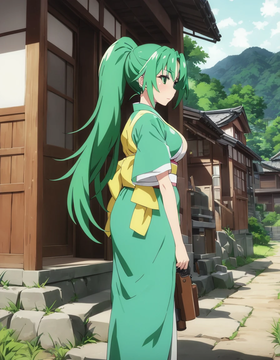 Mion sonozaki, green hair, long ponytail, green eyes, kimono, large breasts, pistol, japanese house, outdoors, masterpiece, best quality, ultra detailed, highres,4k,(ultra-detailed:1.4) (illustration:0.5), (ray tracing,:0.8),(anime colored:0.7),(ai-generated:0.5), (anime screencap:1.2),