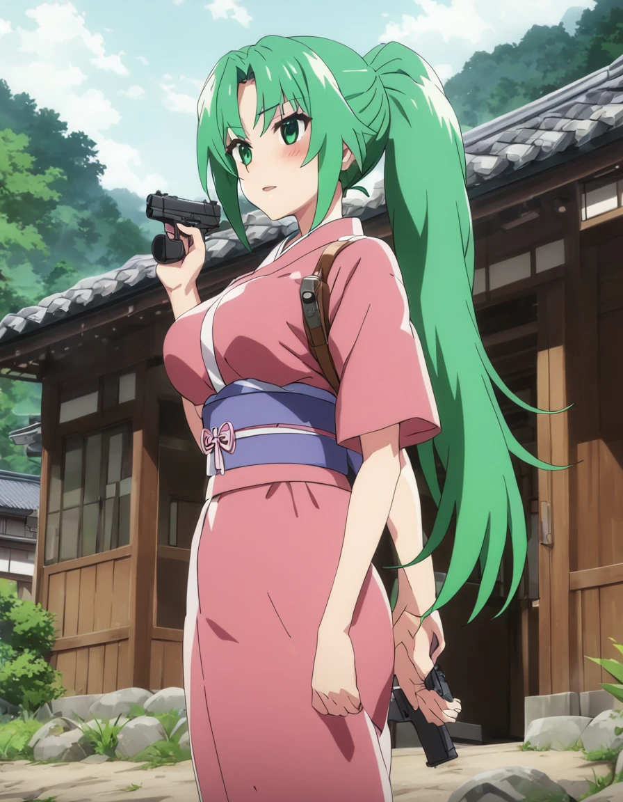 Mion sonozaki, green hair, long ponytail, green eyes, kimono, large breasts, pistol, japanese house, outdoors, masterpiece, best quality, ultra detailed, highres,4k,(ultra-detailed:1.4) (illustration:0.5), (ray tracing,:0.8),(anime colored:0.7),(ai-generated:0.5), (anime screencap:1.2),