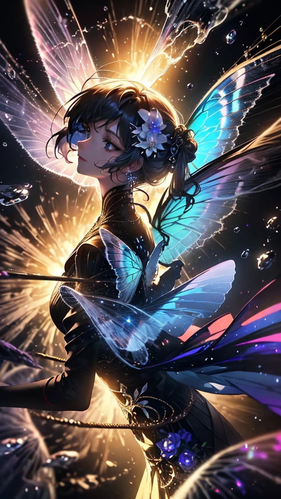 (((Masterpiece))), (((Best quality))), ((Ultra-detailed)),(Highly detailed CG illustration), ((An extremely delicate and beautiful)),Cinematic light, Create stunning fantasy artwork,fairy fantasy,the Flower Fairy,Transparent butterfly wings,Fairy stick,Lots of flowers,Lots of colouring butterflies, A skirt blown by the wind,Fluttering strands of rainbow hair,Side Body,ventania:1.3,dyna,brightly colored,Exudes an aura of mystery and magic. Pay close attention to intricate facial features, For example, mesmerizing eyes,smile,brightly, The character's clothes should be designed to be as light as the wings of a cicada, Subtle iridescent details. Blend in with fantastic colors, Dynamic lighting, and detailed background elements,Consider the latest trends in fantasy art, such as incorporating unique lighting effects, Explore dynamic and engaging composition techniques, And try a unique color palette. Take inspiration from top artists on ArtStation and Midjourney. camera: Choose an angle that highlights the beauty of your character,Enhance the magical majesty of the artwork. lighting: Use atmospheric lighting technology to create depth and atmosphere. Resolution: Aim for high-resolution artwork,to showcase intricate detail and clarity. Artistic inspiration: Get inspiration from popular artists on ArtStation, Explore different styles