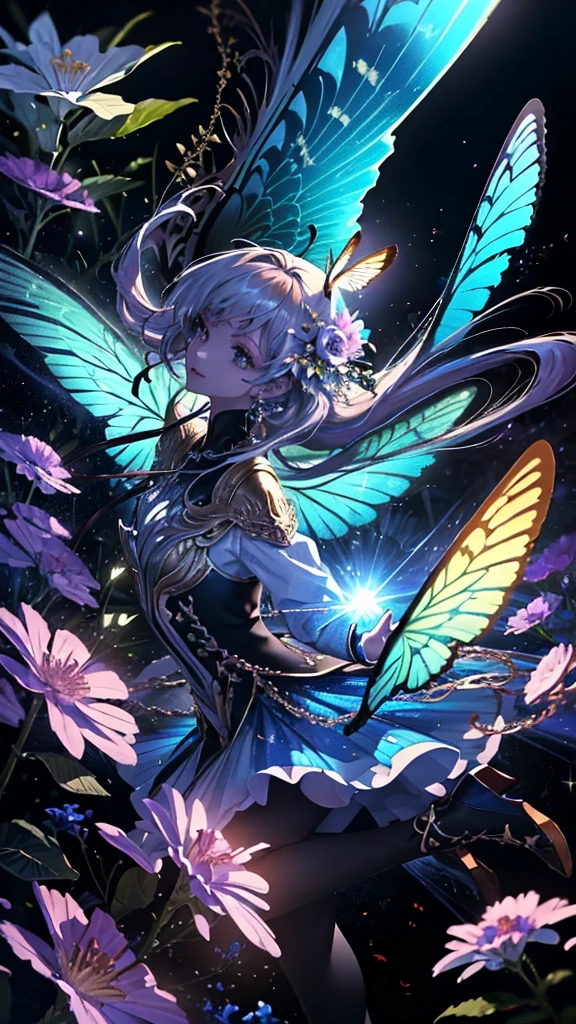 (((Masterpiece))), (((Best quality))), ((Ultra-detailed)),(Highly detailed CG illustration), ((An extremely delicate and beautiful)),Cinematic light, Create stunning fantasy artwork,fairy fantasy,the Flower Fairy,Transparent butterfly wings,Fairy stick,Lots of flowers,Lots of colouring butterflies, A skirt blown by the wind,Fluttering strands of rainbow hair,Side Body,ventania:1.3,dyna,brightly colored,Exudes an aura of mystery and magic. Pay close attention to intricate facial features, For example, mesmerizing eyes,smile,brightly, The character's clothes should be designed to be as light as the wings of a cicada, Subtle iridescent details. Blend in with fantastic colors, Dynamic lighting, and detailed background elements,Consider the latest trends in fantasy art, such as incorporating unique lighting effects, Explore dynamic and engaging composition techniques, And try a unique color palette. Take inspiration from top artists on ArtStation and Midjourney. camera: Choose an angle that highlights the beauty of your character,Enhance the magical majesty of the artwork. lighting: Use atmospheric lighting technology to create depth and atmosphere. Resolution: Aim for high-resolution artwork,to showcase intricate detail and clarity. Artistic inspiration: Get inspiration from popular artists on ArtStation, Explore different styles