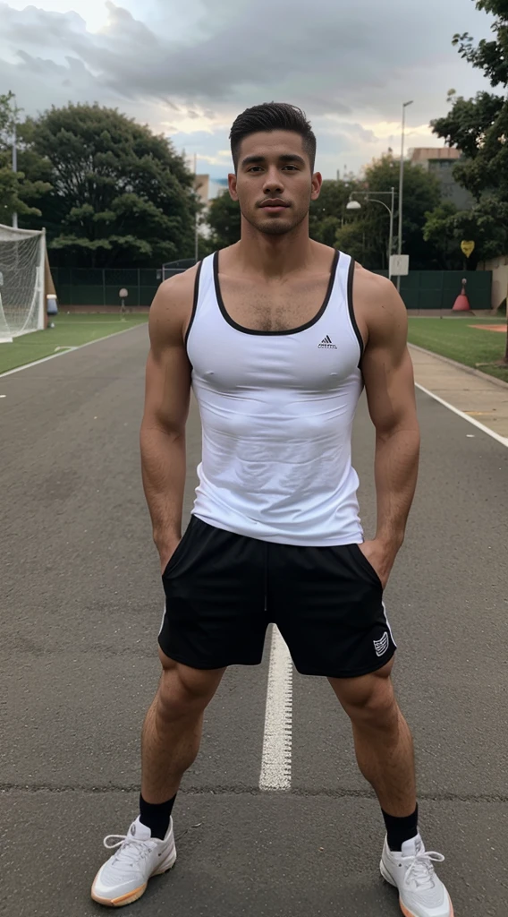 handsome guy, athletic build, Peruvian nationality, kicks a soccer ball, full length, wearing black shorts and a white tank top, Excellent quality, Photo, excellent dentalization, high quality