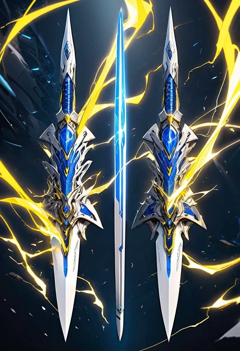 2 extremely detailed futuristic daggers that are blue & white with yellow electricity coming off of them
