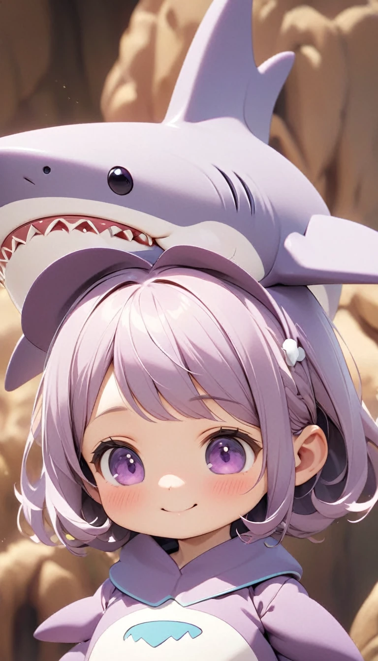 A cute little girl, Wearing a cute purple shark outfit, Tilt your head and look at people with a smile.Close-up of character( Perfect anatomical structure )The whole body is perfectly presented and beautiful and the texture is extremely delicate，detailed, bright, Animation style high definition and high quality presentation