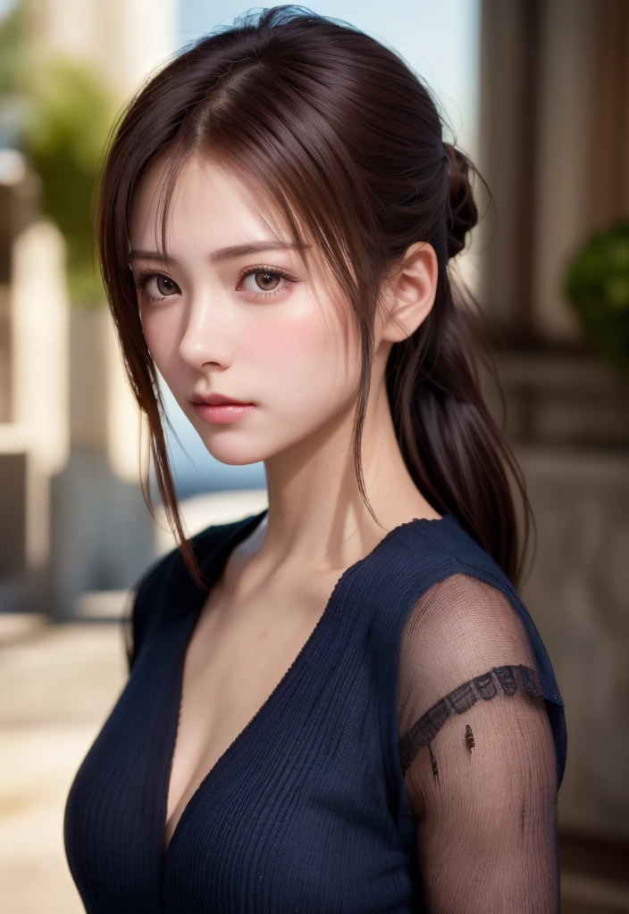 8K, of the highest quality, masutepiece:1.2), (Realistic, Photorealsitic:1.37), of the highest quality, masutepiece, Beautiful young woman, Pensive expression, Thoughtful look, Elegantly dressed, Hair tied back, Messy mood, Cinematic background, Tired, Light skin tone