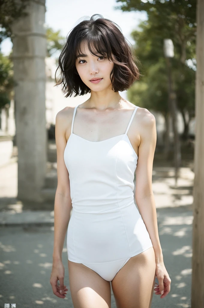 You are a professional photographer。 , short hair blown by the wind. She has a faint smile , Perfect Eyes, Perfect hands, Perfect body, Perfect Hair, Accurate身体, masterpiece, Accurate, Anatomically correct, Rough skin, Very detailed, Advanced Details, high quality, 最high quality, High resolution, 16K, 8K, Looking into the camera,Bold fitted dress、Thighs、Pearl White、Black panties