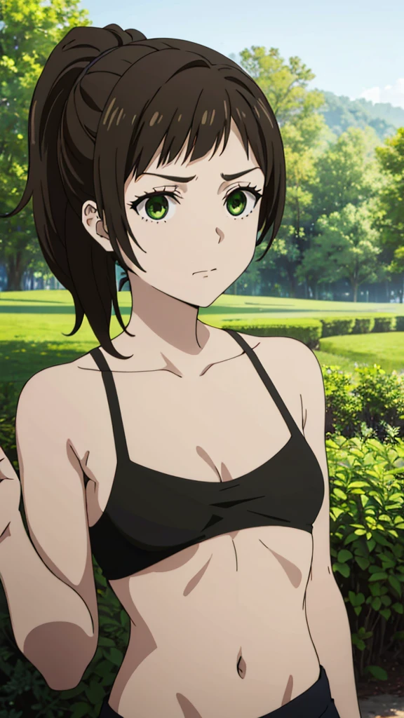 masterpiece, highres, solo, 8k, detailed, perfect face, best quality, (ultra high quality), looking viewers, (armpit), collarbone, bare arm, medium breasts, cleavage, dark brown hair, bangs, ponytail hair, green eyes, belly, stomach, navel, crop tanktop, slim body, upper body, emotionless, flat face, at forest, hands up