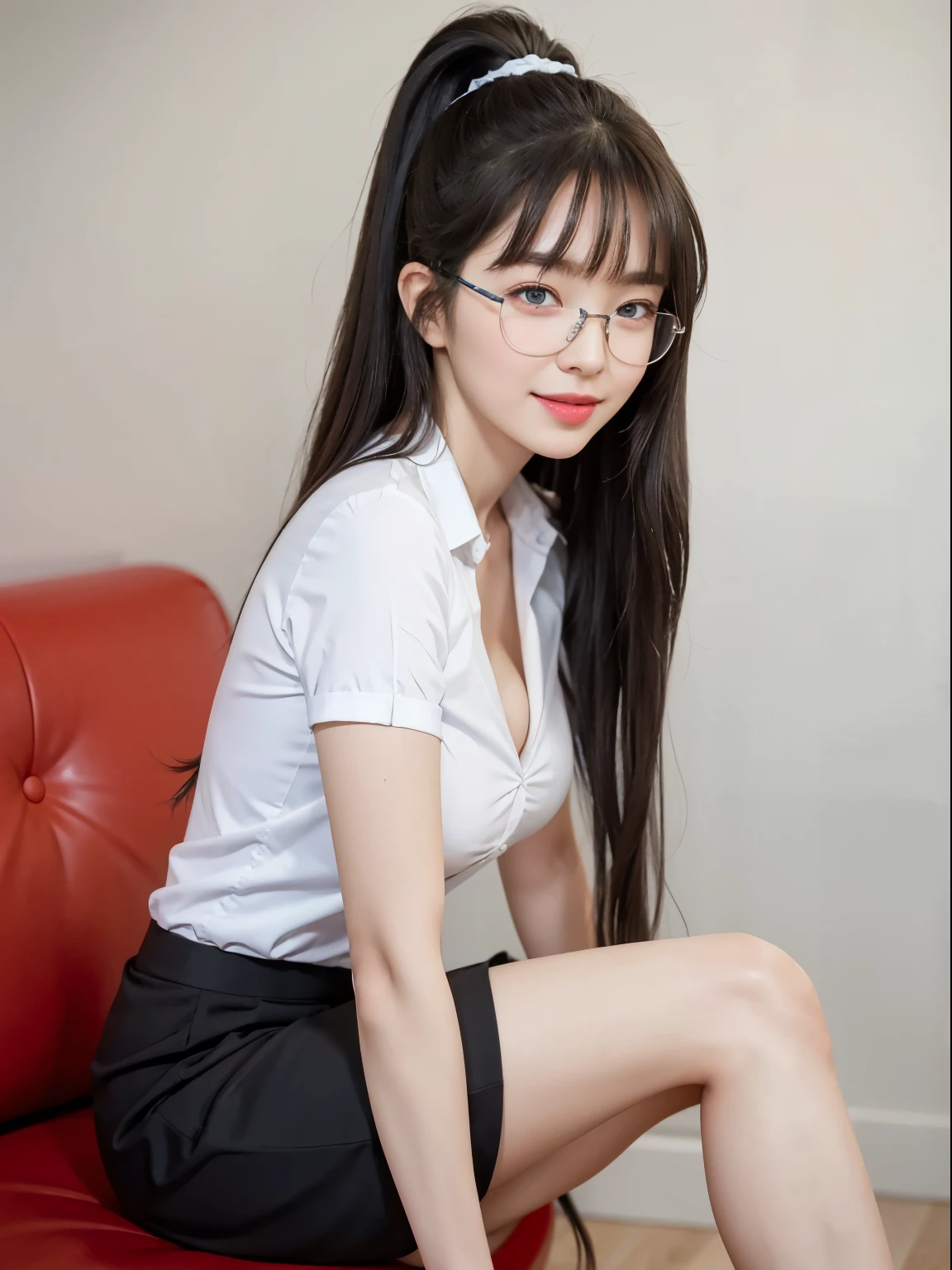 (Best quality, masterpiece, detailed), (RAW, 4k, hd images), 1 girl, , white skin, long hair, ponytail, layers hair, bangs, black hair, beautiful girl, cute girl, sweet girl, pretty girl, perfect girl, perfect body, pretty eyes, blue eyes, thin lips, (eye line, lip soft), perfect round breast, glasses(detailed frame), simple background, smile, thigh, legs, office uniforms, modeling pose, free style pose, random angle capture