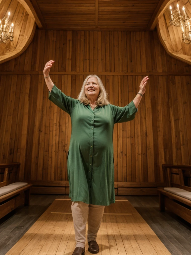 Margaretha Krook, her name is Agneta, high quality, 1 old woman, ((55-year-old plump swedish woman)), ((55 years old)), (((wrinkled body))), ((long brown hair)), ((green eyes)), no make up, (pale skin), (((Fat Body))), dynamic pose, she is wearing fashionable and stylish swedish Generation X wear different color, happy, exuberant, BACKGROUND: indoor: Vasa Museum, Stockholm