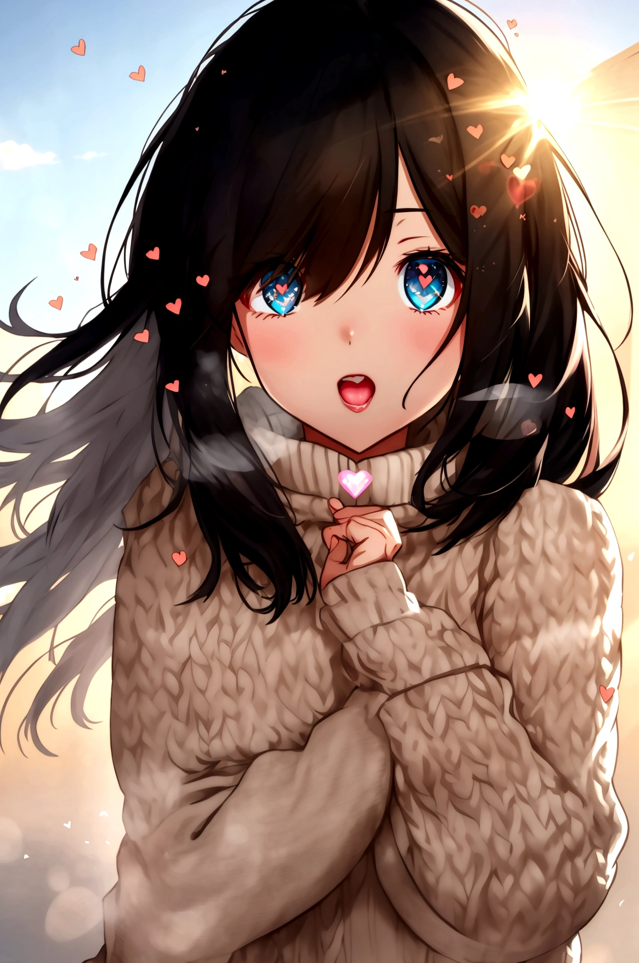 With a girl, Black Hair, Wear a cozy sweater, Upper Body, (lol:1.1),lol顔, (With eyes wide open:1.2), Sun glare, Bokeh, Written boundary depth, Blurred Background, Particles of light, Strong winds, (Heart Particles:1.1), 4K