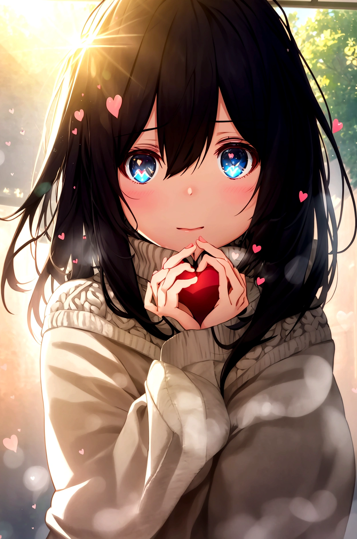 With a girl, Black Hair, Wear a cozy sweater, Upper Body, (lol:1.1),lol顔, (With eyes wide open:1.2), Sun glare, Bokeh, Written boundary depth, Blurred Background, Particles of light, Strong winds, (Heart Particles:1.1), 4K